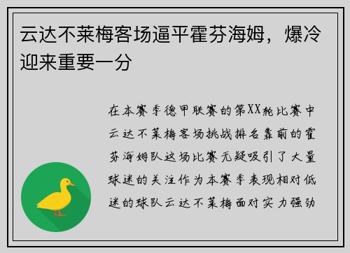 云达不莱梅客场逼平霍芬海姆，爆冷迎来重要一分