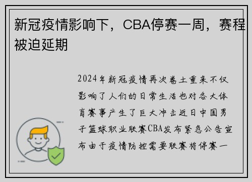 新冠疫情影响下，CBA停赛一周，赛程被迫延期