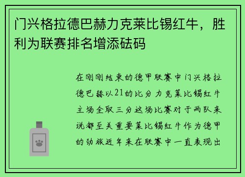 门兴格拉德巴赫力克莱比锡红牛，胜利为联赛排名增添砝码